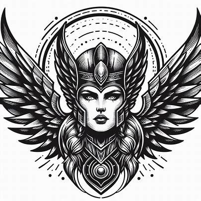 tattoo drawing of a valkyrie's head with short hair and with massive wings protruding wide behind the valkyrie. Add a circle floating above the helmet framed by the wings - Image Creator from Microsoft Designer Valkyrie Wings Tattoo, Valkyrie Logo, Valkyrie Helmet, Valkyrie Wings, Valkyrie Tattoo, Flying Tattoo, Wings Logo, Wrist Tattoo, Wings Tattoo