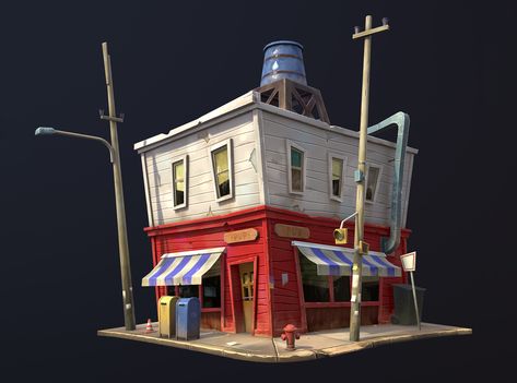 Stylized Pub. Software used: Maya, ZBrush, Substance Painter, Marmoset Toolbag. Had a lot of fun working on this one. Concept by Igor Rozovny. Stylized Building, Marmoset Toolbag, German Town, Cartoon Building, Props Concept, Building Illustration, Shop Buildings, Building Concept, Isometric Art