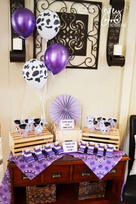 THREE I E I O Purple Farm Party | CatchMyParty.com Purple Cow Birthday Party, Three I E I O, Cow Birthday Cake, Cow Print Birthday, Lavender Baby Showers, Golden Birthday Parties, Cow Birthday Parties, Cowgirl Baby Showers, Birthday Purple