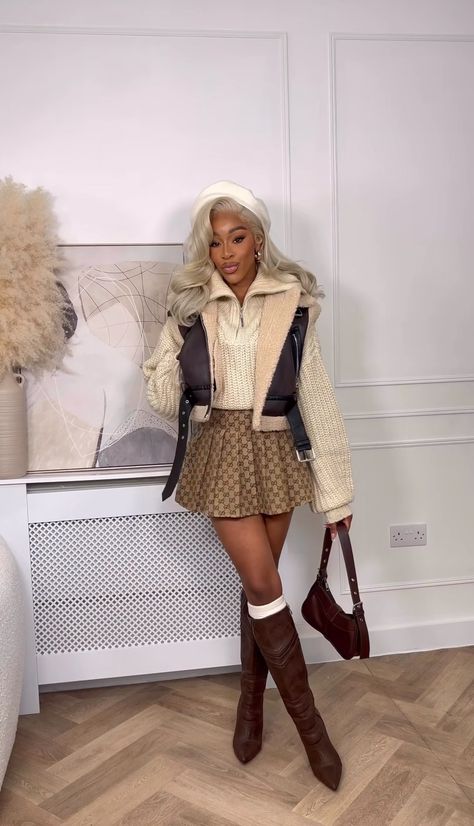 Preppy Winter Outfits Blackgirl, Brown And White Outfit Black Women, Brown Bucket Hat Outfit Winter, 21st Birthday Outfits Black Women Fall, Fall/winter Outfits Blackgirl, Brown Boots Party Outfit, Black Woman Thanksgiving Outfit, Birthday Fit Winter, Atlanta Winter Outfits