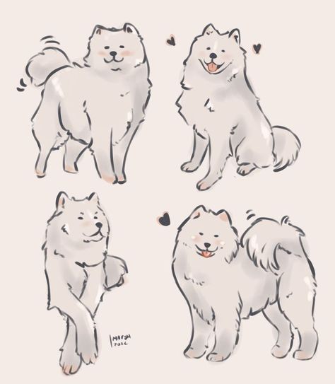 Samoyed Drawing, Chibi Dog, Dog Design Art, 강아지 그림, Canine Art, Easy Drawings Sketches, Cute Doodles Drawings, Dog Illustration, Animal Sketches