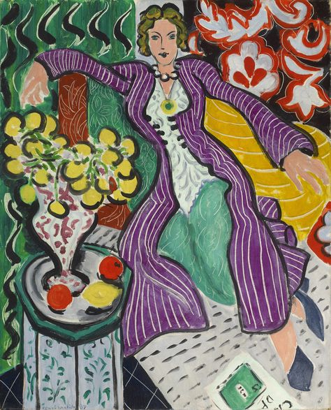 https://flic.kr/p/TCB2ay | Henri Matisse - Woman in a Purple Coat [1937] | This painting is an example of Henri Matisse's mature decorative style. Matisse depicts his model and companion of many years, Lydia Delectorskaya, in an exotic Moroccan costume, surrounded by a complex of abstract design and exotic colour. This is an example of one of the final groups of oil paintings in Matisse's career, in 1950 he stopped painting oil paintings in favour of creating paper cutouts. [Museum of Fine ... Maurice De Vlaminck, Andre Derain, Matisse Paintings, Raoul Dufy, Purple Coat, Fauvism, Matisse Art, Paul Cezanne, 수채화 그림