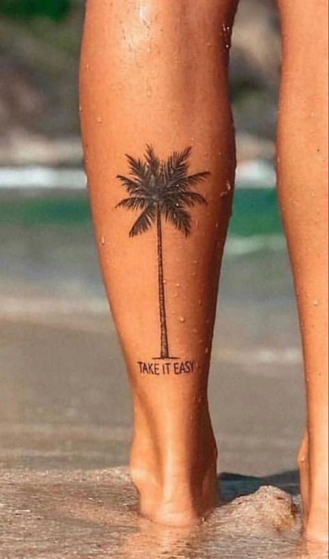 Tree Tattoo Ankle, Beachy Tattoos, Adventure Tattoo, Surf Tattoo, Tato Minimal, Palm Tattoos, Muster Tattoos, Tree Tattoo Designs, Palm Tree Tattoo