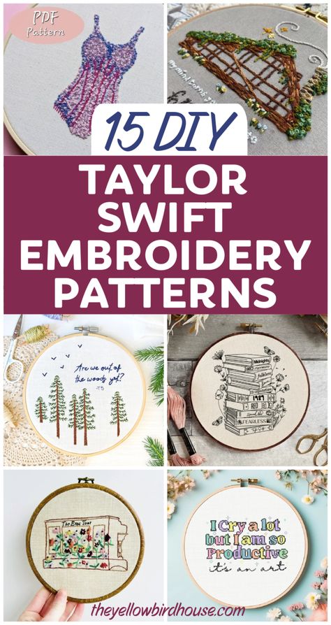 15 Fun DIY Taylor Swift embroidery patterns. The best and most beautiful DIY embroidery patterns to decorate the home of a Taylor Swift fan! Hand embroidery patterns for Swifties. Beginner friendly embroidery designs to download and make today. Taylor Swift themed DIY embroidery art. Sweary Embroidery Patterns, Taylor Swift Obsessed, Embroidery Designs Words, Taylor Swift 1989 Embroidery, Pride And Prejudice Embroidery Pattern, Diy Embroidery Patterns Templates, Taylor Swift Lyric Embroidery, Easy Embroidery For Beginners Patterns, Embroidery Designs Taylor Swift