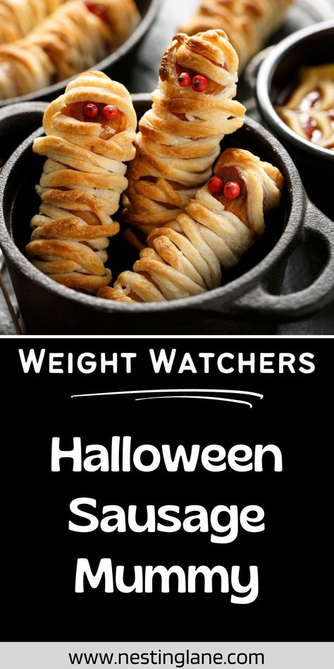 Halloween Weight Watchers Sausage Mummy recipe graphic. Halloween Sausage, Sausage Crescent Rolls, Mummy Recipes, Kid Friendly Meals Easy, Fun Dinner, Healthy Halloween, Crescent Roll Dough, Crescent Roll, Fun Dinners