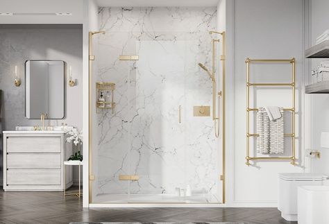 Liberty Hinged Door with Two In-Line Panels Cleverly maximise the alcove space in your bathroom with the designer led frameless Hinged Door with Two In-Line Panels. Rose Gold Shower Bathroom, Rose Gold Bathroom Ideas, Gold Shower Door, Gold Apartment, Rose Gold Shower, Rose Gold Bathroom, Hinged Shower Door, Built In Electric Fireplace, Affordable Storage