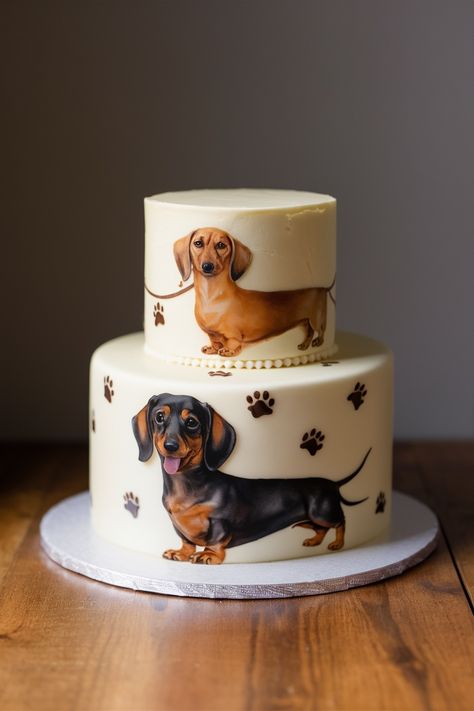 Dachshund Cake Delights: Fetch These Adorable Designs Frenchie Cake Ideas, Dachshund Cake Ideas, Dog Cake Design Ideas, Sausage Dog Cake, Puppy Cakes, Dachshund Cake, Dachshund Birthday, Dog Themed Birthday Party, Paw Party