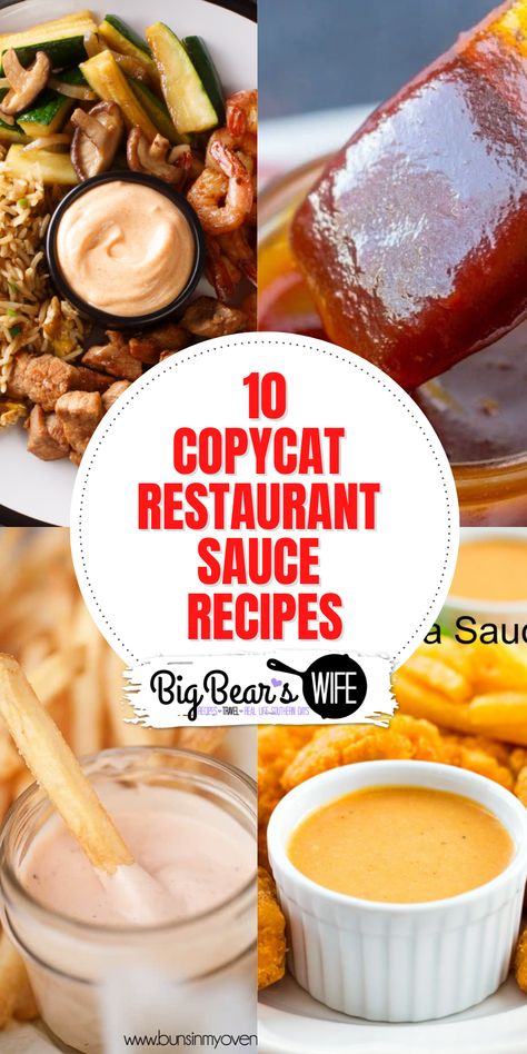 While we can't argue that a lot of restaurants are amazing, would we really love them as much if they didn't serve our favorite sauces? From Chick-Fil-A Sauce to dip our chicken nuggets in to Sauce on Big Macs; sauces at our favorite restaurants make our meals even more amazing and now you can make your favorite restaurant sauces at home with 10 of the best CopyCat Restaurant Sauce Recipes in this post! via @bigbearswife Teriyaki Madness Copycat Sauce, Foosacklys Sauce Recipe, Applebees Firecracker Mayo Recipe, Cupbop Copycat Sauce, Crazy Sauce Recipe, Diy Chick Fil A Sauce, Famous Recipes Restaurants, Home Made Sauces Recipes, Slider Sauce Recipe