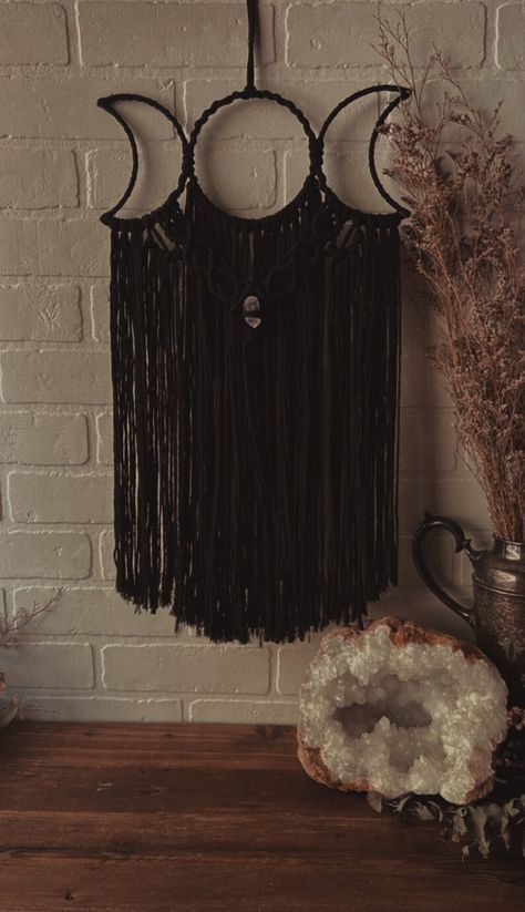 Black Triple Moon Wall Hanging adorned with a Clear Quartz Point in the middle Witchy Wall Hanging, Witchy Macrame, Goth It Yourself, Crystal Wall Hanging, Moon Macrame, Buck Moon, Moon 2023, Maiden Mother And Crone, Macrame Creations