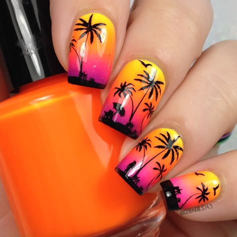 Palm Tree Nail Art, Tree Nail Art, Palm Tree Nails, Sunset Nails, Tropical Nails, Summer Nail Art, Tree Nails, Summery Nails, Nail Art Ombre