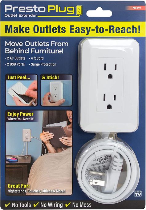 Ontel Presto Plug Outlet Extender for Relocating Unreachable Power Outlets, 4ft Cord, Sticks Easily on Wall, Provides Surge Protection, 2 AC Outlets, 2 USB Ports & Built-in Shelf - - Amazon.com Hidden Outlets, Outlet Extender, Usb Outlet, Usb Wall Charger, Dorm Room Essentials, As Seen On Tv, Video Wall, Wall Outlets, Built In Shelves