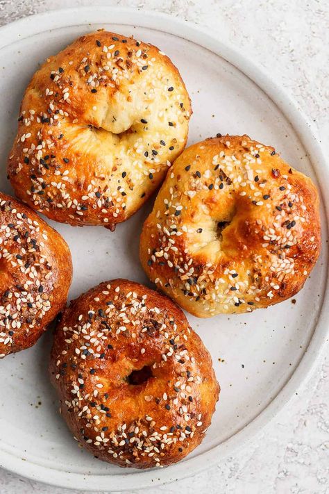 Air Fryer Protein Bagels (2-ingredients!) - Fit Foodie Finds Air Fryer 2 Ingredient Bagel, Air Fryer Greek Yogurt Bagels, Bagel Recipe Air Fryer, Air Fryer Protein, High Protein Bagels, Air Fryer Bagels, Protein Bagels, Tiktok Food Recipes, Pumpkin Bagels