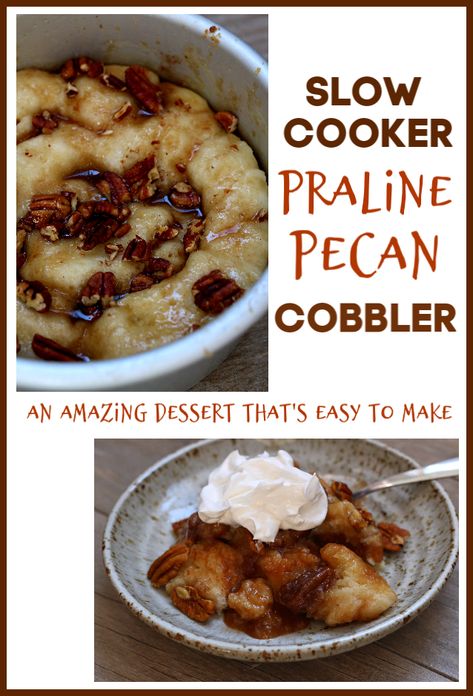 Slow Cooker Praline Pecan Cobber–a gooey, caramelly praline pecan cobbler dessert that will blow your socks off. With a scoop of vanilla ice cream or whipped cream it tastes like heaven in your mouth. #slowcooker #crockpot #dessert Crockpot Pecan Pralines, Pecan Crockpot Dessert, Pecan Cobbler Crockpot, Pecan Pie Cobbler In Crockpot, Crock Pot Pecan Pie Cobbler, Crockpot Pecan Pie Cobbler, Priscilla Curtains, Crockpot Dessert, Crockpot Desserts