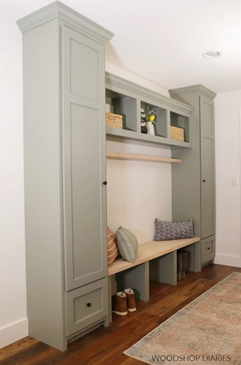 DIY Built In Mudroom Cabinets Mud Room Cabinet With Bench, Mud Room Built Ins With Bench, Small Mudroom Built Ins With Bench, Mudroom Cabinets Diy, Mud Room Cubbies With Bench Diy, Built In Cubby Wall, Open Mudroom Entryway, Cabinets In Mudroom, Entryway Built In