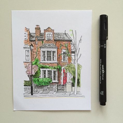 Illustrated Buildings, Watercolour House, Watercolor House Portrait, Line And Wash, Custom House Portrait, Sketch Portrait, House Sketch, House Portrait, Cat Tattoos