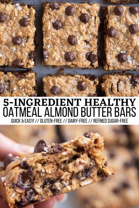 Healthy Oatmeal Cookie Bars, Oatmeal Cookies Without Butter, Peanut Butter Oatmeal Cookie Bars, Healthy Peanut Butter Oatmeal, Healthy Peanut Butter Oatmeal Cookies, Oatmeal Chocolate Chip Cookie Bars, Almond Butter Oatmeal, Oatmeal Bars Healthy, Oatmeal Chocolate Chip Cookie