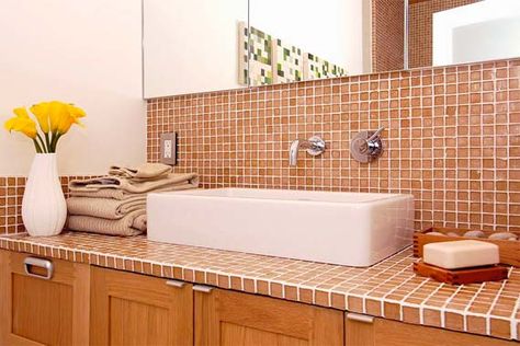 Glass Tiled Bathroom vanity - Google Search Glass Tile Bathroom, Recycled Glass Tile, Countertop Bathroom, Ceramic Tile Bathrooms, Tile Countertops, Bathroom Countertop, Bathroom Tile Designs, Vanity Countertop, Sink Countertop