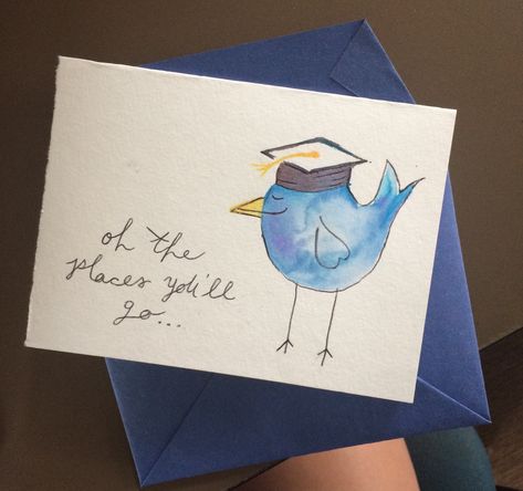 "Oh the places you'll go ..." homemade graduation greeting card. Bird with a cap, watercolor and pen Watercolor Graduation, Graduation Cards Handmade, Watercolour Cards, Grad Cards, Congrats Card, Envelope Art, 카드 디자인, Watercolor Greeting Cards, Paint Cards