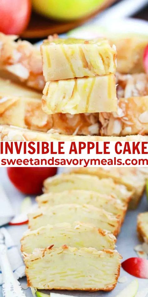 Invisible Apple Cake is a magical dessert with layers of thinly sliced apples, warm spices, and a flaky crust that melts in your mouth. Sliced Apple Loaf Cake, Sliced Apple Cake, Invisible Apple Cake, Apple Slices Recipes, Apple Cake Recipe Easy, Apple Slice Recipe, Mouthwatering Desserts, Apple Bread Recipe, Crab Pasta