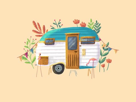 Camper Illustration, Van Illustration, Inspiring Wallpapers, Baby Dinosaur Party, Camping Drawing, August Calendar, Camping Van, Creative Flyer Design, Fall Watercolor