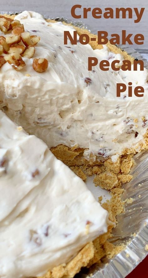 This decadent fall dessert is always a hit! No-Bake Creamy Pecan Pie has flavors of maple and brown sugar, with chopped pecans, in a creamy and decadent filling. #NoBakePie #PecanPie #ThanksgivingPie #ThanksgivingDessert #FallDessert #MapleRecipe Fluffy Pecan Pie, No Bake Pecan Cream Pie, Cashew Pie Recipe, Whipped Pecan Pie, No Bake Keto Pecan Pie Cheesecake, Fluffy Pecan Pie Recipe, Pecan Delight Dessert, Pecan No Bake Cheesecake, Cream Pecan Pie Recipe