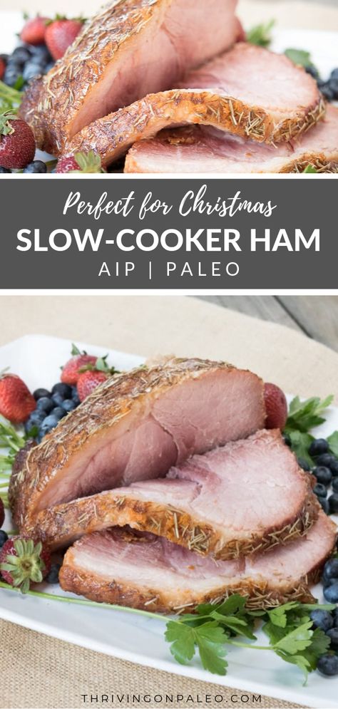 This easy slow-cooker ham is not only Paleo and AIP-compliant, but gluten-free and dairy-free and a great main dish for holidays like Easter and Christmas. #crockpot #paleo #aip Ham In The Crockpot, Christmas Crockpot, Slow Cooker Ham Recipes, Paleo Roast, Paleo Christmas, Aip Paleo Recipes, Slow Cooker Ham, Paleo Recipes Easy, Aip Paleo