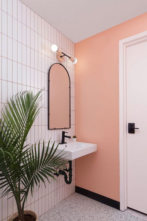 Contemporary Bathroom Ideas, Bathroom Moodboard, Pastel Bathroom, Toilet Ideas, Family Style Table, Burger Shop, New Haven Connecticut, Natural Kitchen, Arch Mirror