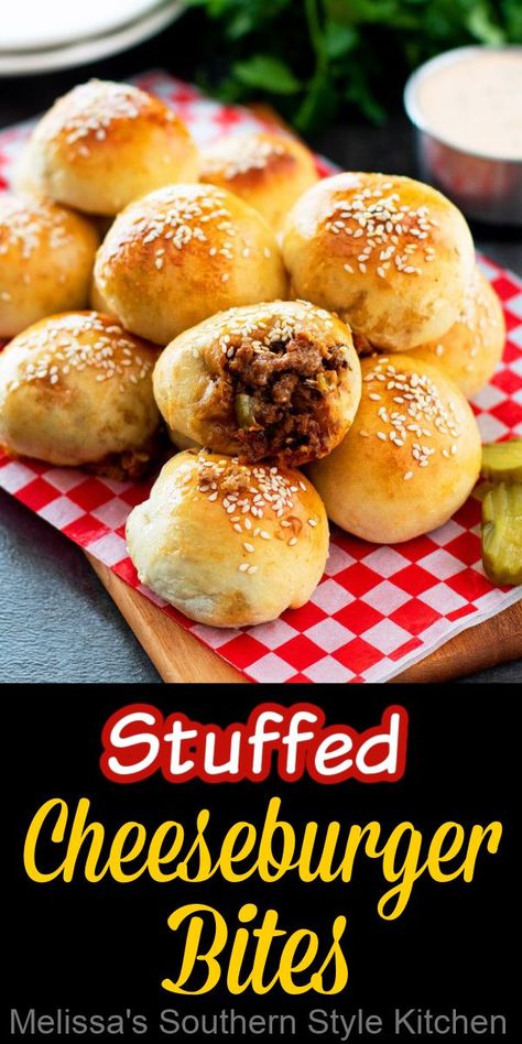 Cheeseburger Bites, Melissas Southern Style Kitchen, Homemade Cheeseburgers, Burger Bites, Frozen Dinner Rolls, Easy Homemade Pizza, The Bun, Burger Sauce, Game Day Snacks