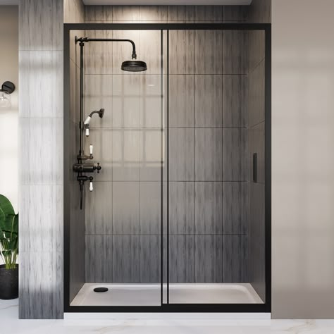 Black Shower Door, Sliding Shower Doors, Sliding Shower Screens, Black Shower Doors, Bathroom Shower Enclosures, Shower Sliding Glass Door, Shower Spray, Modern Bathrooms, Sliding Shower Door