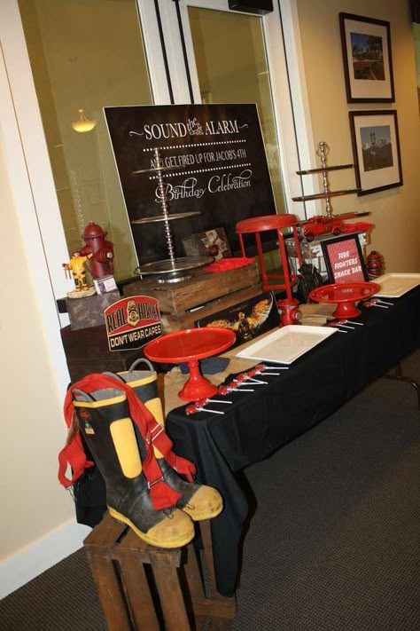 Fire Academy Graduation Party Ideas, Fire Department Retirement Party Ideas, Firefighter Party Ideas For Adults, Fireman Retirement Party, Firefighter Retirement Party Decoration, Fire Dept Retirement Party Ideas, Retirement Party Ideas For Firefighter, Firefighter Table Centerpieces, Fireman Party Ideas