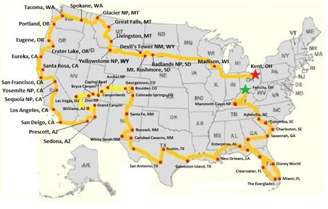 Some good stops for a cross-country road trip. Northern route - including Badlands National Park, Yellowstone, Mt Rushmore and Glacier National Park Road Trip Map, Voyage New York, Cross Country Trip, Mt Rushmore, Cross Country Road Trip, Badlands National Park, Us Road Trip, American Road Trip, Road Trippin