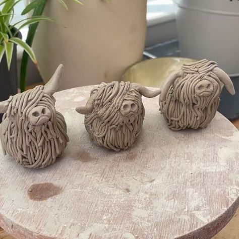 Ceramic Highland Cow, Pottery Creatures, Round Pottery, Pottery Animals, Trying New Things, Highland Cattle, Ceramics Ideas, Hand Built Pottery, Ceramic Animals