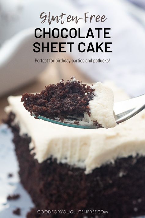 Get ready to make the most delicious, moist, and tender gluten-free chocolate sheet cake! Forget grocery store cakes that are filled with gluten and artificial dyes. My gluten-free chocolate sheet cake takes the cake when it comes to birthday parties, potlucks, and whenever the occasion calls for a celebratory cake. Gluten Free Chocolate Sheet Cake, Gluten Free Birthday Treats, Gluten Free Icing, Gluten Free Frosting, Celebratory Cake, Full Sheet Cake, Gluten Free Birthday Cake, Gf Snacks, Gluten Desserts