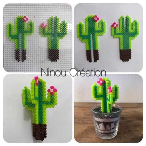 Hama Bead 3d Pattern, Cactus Perler Bead Pattern, Perler Bead Plant Pattern, Hama Beads Patterns 3d, Perler Cactus, Perler Plant, 3d Perler Bead Patterns Easy, Plant Perler Beads, Perler Beads Cactus