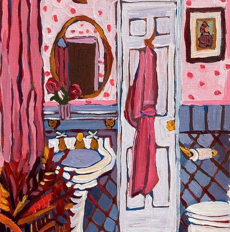 Painting Of A Bathroom, Painting Ideas Asthetics, Funky Art Painting Inspiration, Painting Styles Acrylic, Duo Painting Ideas, Funky Art Aesthetic, Girlhood Art, Weird Painting Ideas, Quirky Paintings