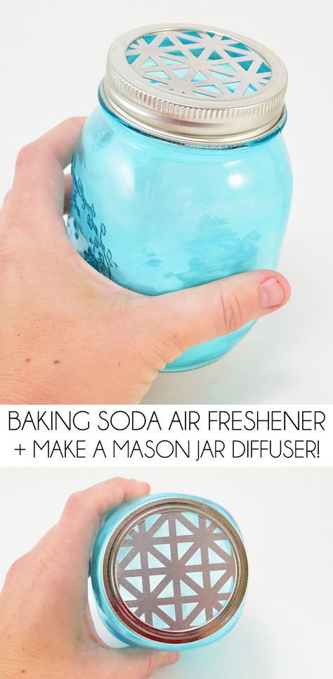 This baking soda air freshener is ridiculously easy to make PLUS learn how to make a mason jar diffuser in minutes! Baking Soda Air Freshener, Chalk Paint Mason Jars, Diy Hanging Shelves, Diy Air Freshener, Mason Jar Projects, Mason Jar Flowers, Wine Bottle Diy Crafts, Mason Jar Crafts Diy, Wine Bottle Diy