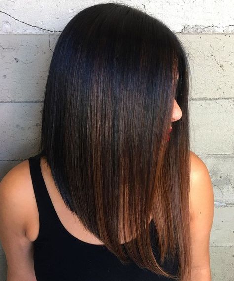 Black Sleek Angled Lob With Brown Balayage Very Long Bob, Longbob Hair, Aline Bob, A Line Haircut, Straight Lobs, Line Bob Haircut, Angled Bob Haircuts, A Line Bobs, Mom Hair