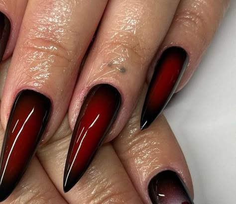 Gothic Nail Inspo Coffin, Dark Nail Ideas Coffin, Black And Red Sharp Nails, Vampire Red Nails Acrylic, Red Emo Nails Acrylic, Black With Red Aura Nails, Black Almond Nails With Design, Coffin Red And Black Nails, Dark Red Stilletos Nails