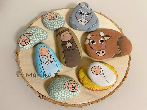 Nativity Scene Painted Rocks, Rock Painting Nativity, Rock Nativity, Christmas Pebble Art, Christmas Rock, Rock Painting Ideas Easy, Painted Rocks Diy, Nativity Crafts, Rock Painting Designs