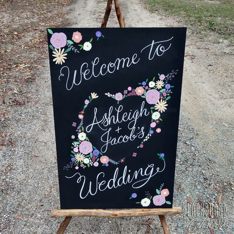 Ashleigh and Jacob's floral heart wedding welcome blackboard. Wedding chalkboard. Wedding sign. Welcome to our wedding. Wedding Blackboard, Blackboard Wedding, Chalk Markers Art, Wedding Chalk, Blackboard Art, Markers Art, Wedding Chalkboard Signs, Wedding Info, Chalkboard Wedding