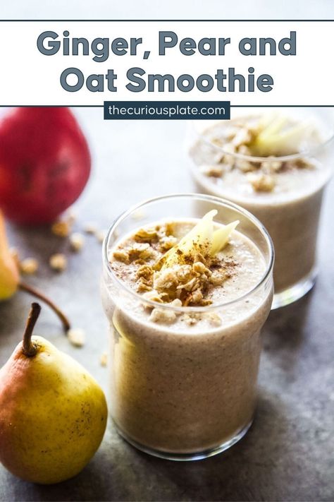 This Ginger Pear Oat Smoothie is a healthy and delicious smoothie that’s perfect for breakfast or as a snack! Pop over to my site for the recipe! | breakfast ideas | healthy snacks | smoothie recipes | fall recipes | Pear Smoothie Recipes Healthy, Pear Smoothie Recipes, Breakfast Ideas Healthy, Ginger Pear, Nut Granola, Snack Smoothie, Hearty Dinner Recipes, Oat Smoothie, Ginger Smoothie