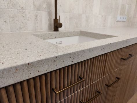 Terrazo Kitchen Benchtop, Kitchen Terrazzo, Terrazzo Countertop, Walnut Kitchen, Quartz Kitchen, Kitchen Remodel, Reno, Countertops, Walnut