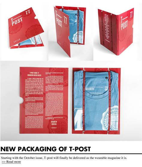 T-Post, the world's first wearable magazine, redesigned their packaging for the October issue #nice package Packaging Design Inspiration Clothing, T Shirt Packaging Ideas, Clothes Packaging Design, Clothing Packaging Ideas, Fashion Packaging Design, Packaging For Clothes, Marketing Folders, T Shirt Packaging, Magazine Content