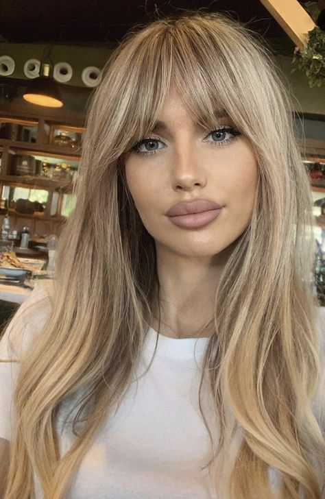 Blonde Hair Balayage With Bangs, Blonde Highlights On Brown Hair With Curtain Bangs, Wispy Curtain Bangs Medium Hair Layers, Dark Blonde Hair With Fringe, Hair 2024 Fall Trends, Draped Bangs, Blonde Hair Fringe Bangs, Bangs With Medium Hair Blonde, Haircuts For Long Hair 2024