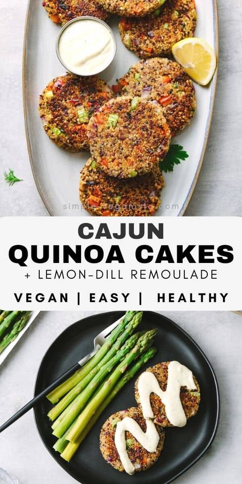 Cajun Quinoa Cakes features crispy, veggie filled quinoa patties topped with a spicy lemon-dill remoulade and make a fantastic meatless meal that even meat eaters will love! #quinoa #plantbased #healthyrecipes Cajun Quinoa, Vegan Fritters, Quinoa Cakes, Vegan Cajun, Quinoa Patties, Clean Eating Vegetarian Recipes, Quinoa Cake, Crispy Quinoa, Clean Eating Vegetarian