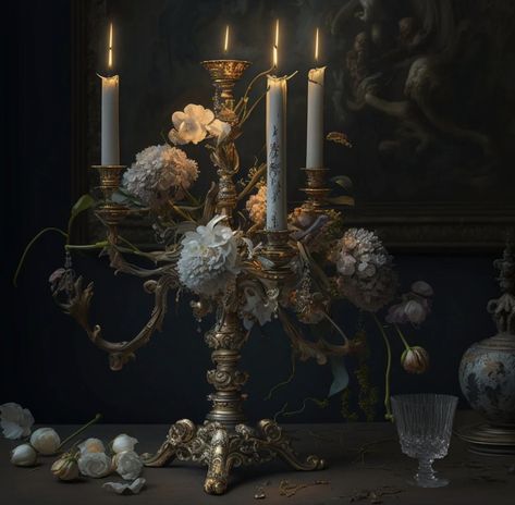 Fantasy Candle Art, Dark Rococo Aesthetic, Candelabra Aesthetic, Candles Aesthetic Dark, Fantasy Candles, Burning Castle, Royal Candles, Moody Art, Castle Aesthetic