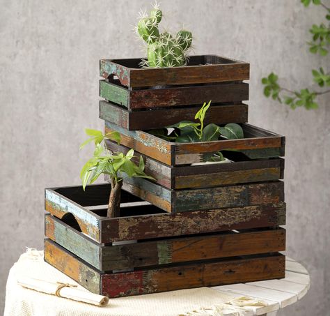 PRICES MAY VARY. CHARMING BOHO TOUCH –With a stunning distressed look and a variety of textures and colors, our wooden storage boxes create a vintage boho charm for your home. It is a unique and beautiful scenery wherever you place them, you will certain to get plenty of compliments. SUPERIOR QUALITY – Crafted from solid reclaimed wood, these wooden crates are sturdy and durable that suitable for long-term use in your family. They are stackable and nested for easy storage and save your space. UN Wood Baskets, Auction Basket, Rustic Wooden Box, Wooden Containers, Wood Pallet Art, Wood Basket, Wooden Storage Boxes, Pallet Art, Wood Crates