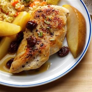 Balsamic Chicken & Pears Recipe -Pears and dried cherries go amazingly well with chicken and balsamic vinegar. We use them to make a clean-your-plate meal for together time. —Marcia Whitney, Gainesville, Florida ** Pear Recipe, Lemon Thyme Chicken, Caribbean Chicken, Cranberry Chicken, Pear Recipes, Balsamic Chicken, Mushroom Chicken, Dried Cherries, Breaded Chicken