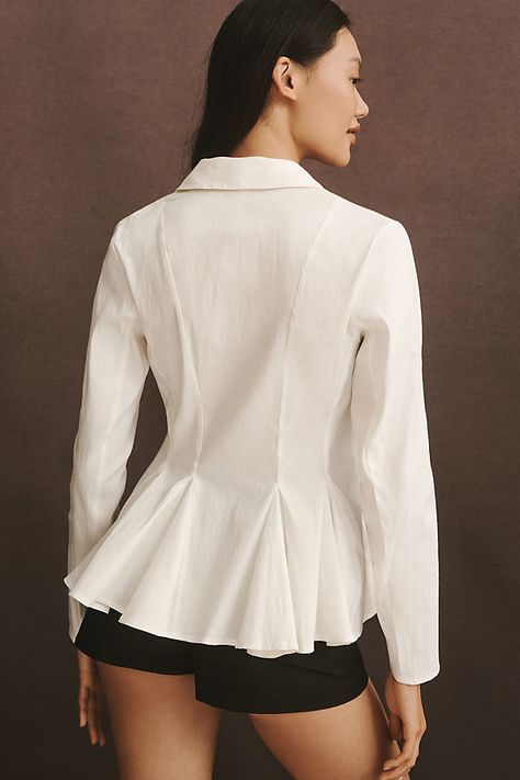 Linen, polyamide, elastane Button front Dry clean Imported | Long-Sleeve Collared Linen Peplum Blouse by Anthropologie in White, Women's, Size: Large, Linen/Polyamide/Elastane Button Down Shirts For Women, Collared Cotton Blouse, Peplum Shirt, Soft Gamine, Peplum Tops, Peplum Shirts, Nyc Shopping, Soft Classic, Peplum Blouse