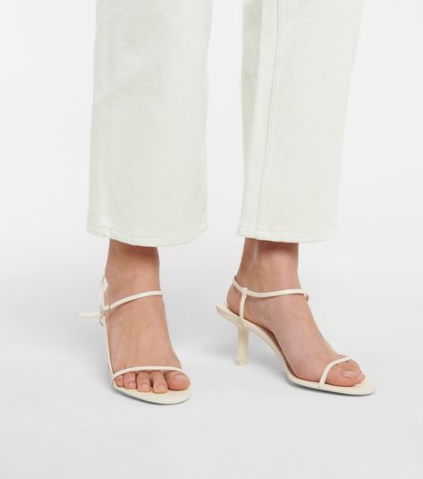 Bare white leather sandals White Leather Sandals, Mid Heel Sandals, Athleisure Fashion, Goat Leather, Leather Items, Metallic Leather, Wedding Shoes, White Leather, Heeled Mules